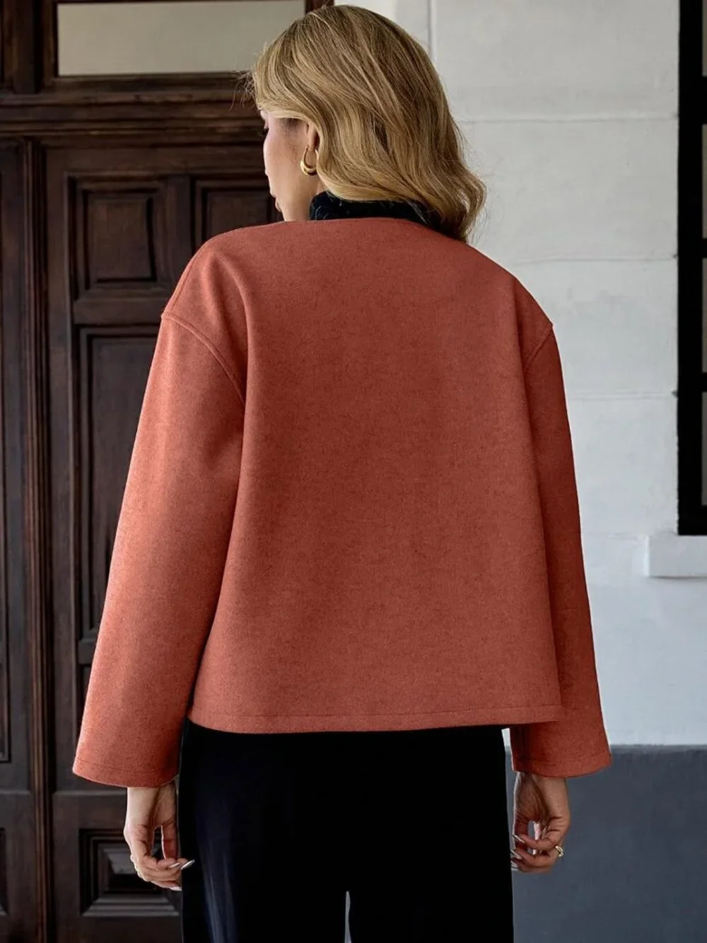 Women Brickred Wool Blend Cropped Collarless Long Sleeve Short Fall Pea Overcoat